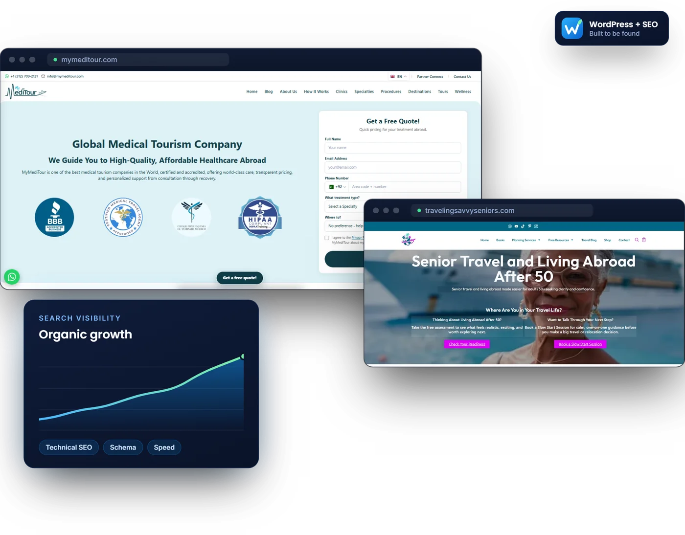 Browser mockups of live WordPress websites built by Organic SEO Specialists, beside an organic search growth chart