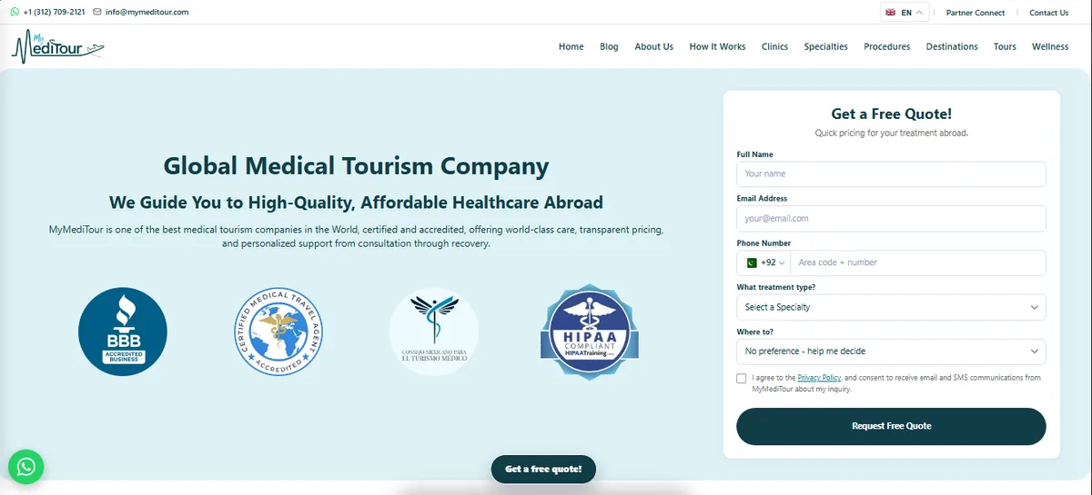 MyMediTour medical tourism website homepage built on WordPress